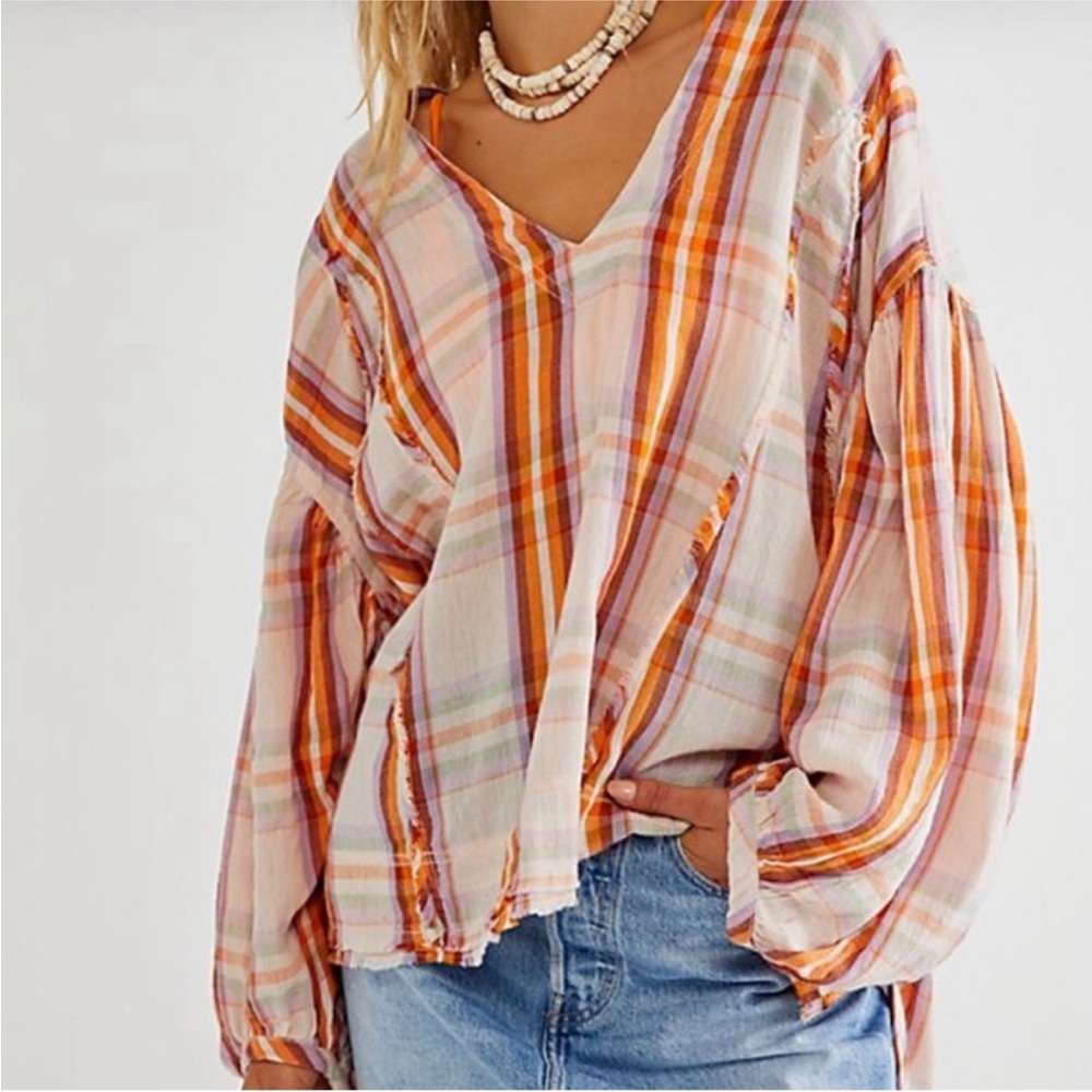 Free People (We The Free) Solstice Blouse Women's Small Orange Plaid Oversized